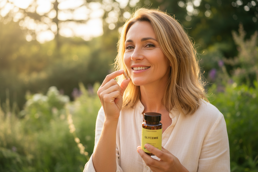 Glycémie - Femme heureuse avec gélule et flacon en nature